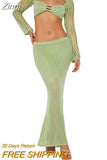 Women's Crochet Knit 2 Piece Skirt Set Hollow Out Crop Top Long Sleeve Backless Tie Up Club Bodycon Dress