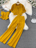 Women Three Pieces Set Elegant V-Neck Short Blouse + Strap Camis + Wide Leg Pants Suit Green/Red/Yellow Spring Fall