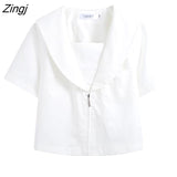Shirts Women Sailor Collar Cropped Summer Thin Pockets 3 Style Short Sleeve All-match Design Harajuku Jk Japanese