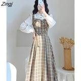 Women Autumn New Arrival Plaid Vintage French Style Fake Two Pieces Vestidos De Mujer All-match College Tender