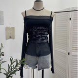 Shooting Spice Girls Shoulder Mesh Sun Hooded Sling Sling Long-Sleeved T-Shirt Top Two Sets Of Women