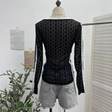 V-Neck Lace Letter-Print Fluoroskin Long-Sleeved T-Shirt Slimming Shirt Thin Top