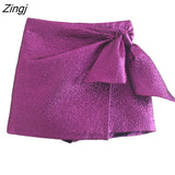 New Women High Street Bow Decoration Texture Purple Shorts Skirts Lady Zipper Fly Hot Shorts Chic Pantalone Cortos