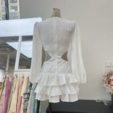 Southeast Asian Trendy Niche Sexy Deep V Folded Long Sleeves Leaking Waist Cake Skirts Solid Dress