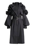 Sister Wind 2025 Autumn New Advanced Sense Fold Splicing Bubble Sleeve Closed Waist Long Solid Color Coat