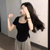 Zingj 2024 New Pure Desire Wind Big U-Collar Hot Girl Top Show Slim Slim Irregular Short-Sleeved T-Shirt Female