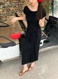 Xixi 2025 Spring New Korean Version High Waist Belt Design Sense Short-Sleeved Knitted Long Dress Women