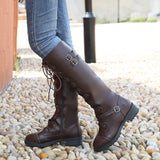Large-Size Knight Boots Women Low And Flat Bottom Round Head Belt Buckle Cross-Tie