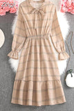 Women Shirt Dress Casual Spring Autumn Vintage Floral Print Bow Long Sleeve Elegant Office A-line Midi Dress