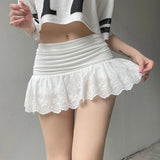 Romantic Atmosphere Full Of This White Splicing Short Skirt Folded High Waist Design Super Waist Fine Lace