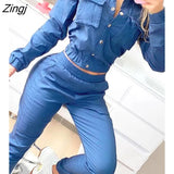 Women Safari Style Autumn Turn-down Collar Crop Top & Long Pants Set Casual Chic Solid Long Sleeve Fitting Denim Suit
