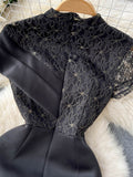Women Black Sexy Lace Embroidered Pastchwork Party Long Dress Elegant Stand Collar Short Sleeve Ruffle Hem Maxi Robe