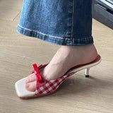 Head French Lattice Cool Slippers Women Wear Bows Out Toe High Heel