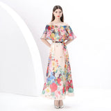 Wind Shoulder Lotus Leaf Side Bright Silk Print Dress Girl Spring Waist Temperament Big Chiffon Long
