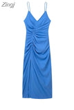 Blue Slip Long Dress Women Ruched Elegant Party Dresses For Women 2023 Backless Sexy Summer Woman Dress Evening