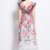Elegant Dress Women's Summer Famous High-End Feel Lotle Side V-Neck Waist Thin Print Large Swing