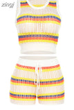 Striped Knit Y2K Two Piece Sets Women Casual Hollow O Neck Pullover Tops+Bandage High Waist Shorts Matching