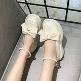 Mary Jane Shoes Women 2025 Spring And Autumn New Pearl Bow Girl Single Shoes Coarse Fairy Wind And Happy