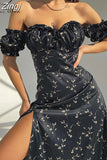 neck Floral Print Split Beach Dress Women Summer Elegant Ruffles Party Long Dress Vestidos