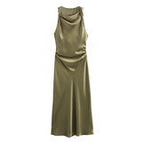 2025 New Fashion Round Collar Sleeveless Black Silk Satin Texture Dress Women
