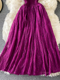 Purple/Green/Red Lace Midi Dress Women Sweet Round Neck Ruffle Vestidos Female High Waist Slim Robe Spring Autumn