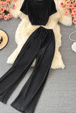 Vintage Red/Pink/Black Pleated Two Piece Set Women Casual O-Neck Short Sleeve Tops + Loose Pants Suit Female