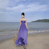 Zingj Pure Desire Wind Hang Neck Dress Female Summer New Sexy Back Leakage Waist Pleated Holiday Long