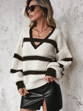And Winter New Sweater Woman Loose Knitting Colliding Color V Collar Lantern