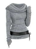 Cowl Front Lace Up Belted Sweater Spring Tops Tee For Women Solid Black Green Light Gray 211-0-Outfit