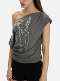 New Slanted Shoulder Pure Hottie Gray T-Shirt Girl Loose Heavy Metal Decorative