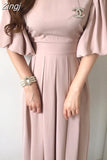 Solid Casual Chic Elegant Dress for Women High Waist O-Neck Straps Short Lantern Sleeves Pleated Midi Dresses Summer