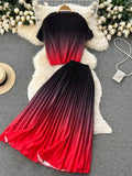 Women Pleated Two Piece Set Vintage Round Neck Short Sleeve Tops + High Waist Draped Skirt Gradient Suit Female New