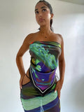 Fashion Mesh Vacation Two Piece Set Women Summer Bandage Strapless Tube Top+Hollow Maxi Skirt Matching Beach