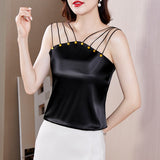 Women Blouses Sexy Tank Tops Embroidered Flares Female Camisole Summer Satin Sleeveless Women Clothing Silk Womens