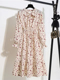Floral Print Women Dress Female Autumn Long Sleeve Vintage Chiffon Bow Tie Neck Office Lady Shirt Dress Summer