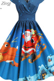 Santa Claus Print Vintage Women Elegant Christmas Party Dress Robe Femme 3XL Casual V Neck Winter Midi