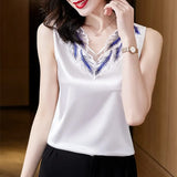 Women's Blouses Sexy Tank Tops Solid Female Embroidery Camisole Summer Satin Sleeveless Women Clothing Lace Womens