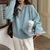 Zingj Zipper Autumn Winter Collar Solid Color Lazy Wind Wear Sweater Coat Jacket Korean Version Soft Waxy Women-Outfit