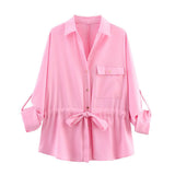 Women's 2025 Summer Drawstring Long-Sleeved Shirt + Casual Pants Set Women's