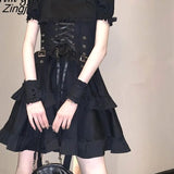 Black Lolita Dress Women Vintage Sweet Lace Up Puff Sleeve Dress Summer Punk High Waist Mini Dress Partywear Emo
