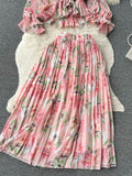 Autumn Women Draped Floral Two Piece Set Vintage Flower Printed Ruffle Blouse + High Waist Pleated Skirt 2Pcs Suits