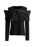 Zingj 2024 New Splice Bow Small Design Sense Black Long-Sleeved T-Shirt Female Careful Machine Off The Shoulder