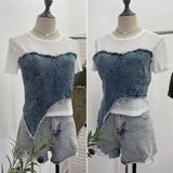 Shooting Denim Splicing Mesh Yarn Short-Sleeved T-Shirt Summer Dress Irregularly Short High-Waist Repair Body Coat
