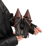 Women 2025 Spring And Summer New Retro Pointed Finger-Point Fine Heel Belt Buckle Single Shoes With Skirt