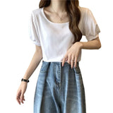 Zingj Sleeve T Shirt Female Summer 2024 New French Design Sense Low Round Collar Slim Thin Short Sleeve Student