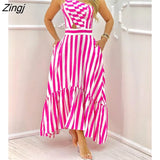 Elegant One Shoulder Striped Colorblock Sleeveless Asymmetric High Waist Casual Maxi Dresses Fashion Sexy Skinny