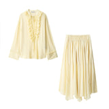 For Women's Clothing INS Bursts Of Retro Cuff Neckline Lotus Loaf Side Draw Rope Long-Sleeved Shirt