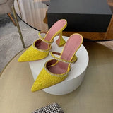 Summer New Pointed Toe Rhinestone Sequined Stiletto Slippers Leopard Print Baotou Half Drag