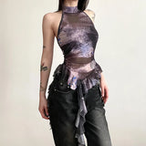 Zingj 2024 New Women's Half High Collar Flounce Sleeveless Print Mesh Slim Small Vest-Outfit