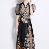 Court Style Dress Women's Early Spring New Bubble Sleeve Retro Print High-End Swing Dress